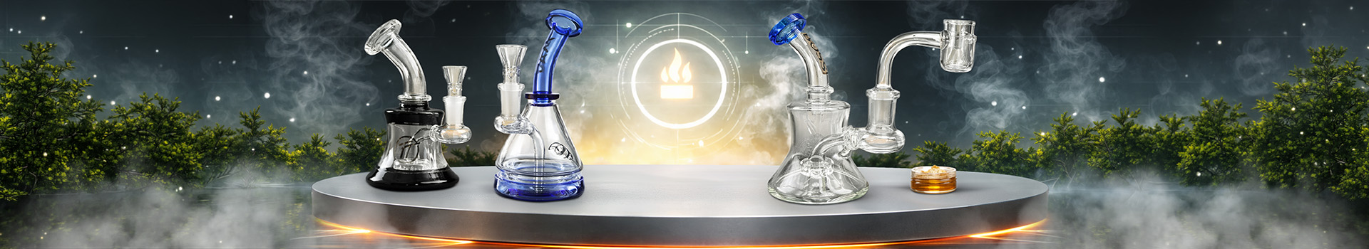 Selection of high-quality glass dab rigs and water pipes for concentrates, featuring various designs and percolators