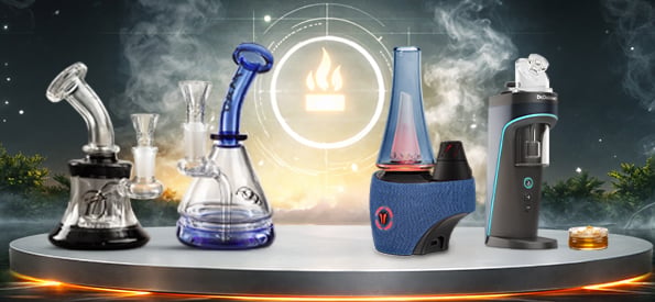 Selection of high-quality glass dab rigs and water pipes for concentrates, featuring various designs and percolators