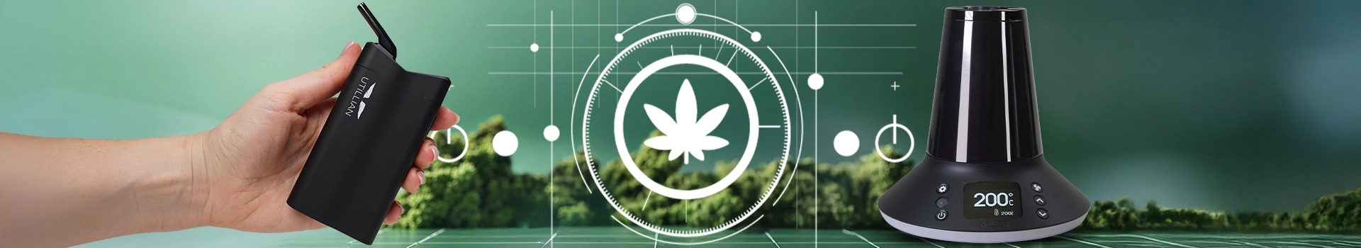 Hand holding Utillian portable dry herb vaporizer next to Arizer XQ2 desktop vaporizer with 200°C display on green tech background