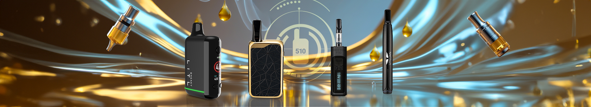 Selection of 510 thread vape batteries including Litl Sneaky, Zeus Ion, Tronian Rhotron Pro, and Utillian 50 against golden oil background
