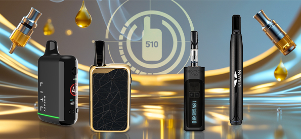 Selection of 510 thread vape batteries including Litl Sneaky, Zeus Ion, Tronian Rhotron Pro, and Utillian 50 against golden oil background