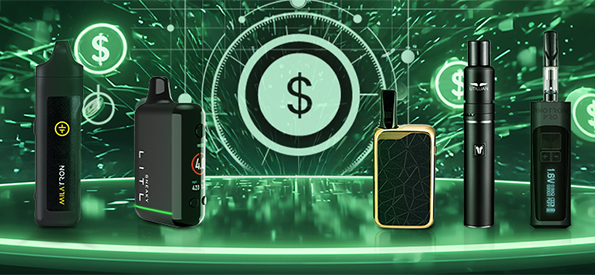 Affordable vaporizers under $100 including Tronian Milatron, Litl Sneaky, Zeus Ion, Utillian 5, and Tronian Rhotron Pro, displayed on glowing background