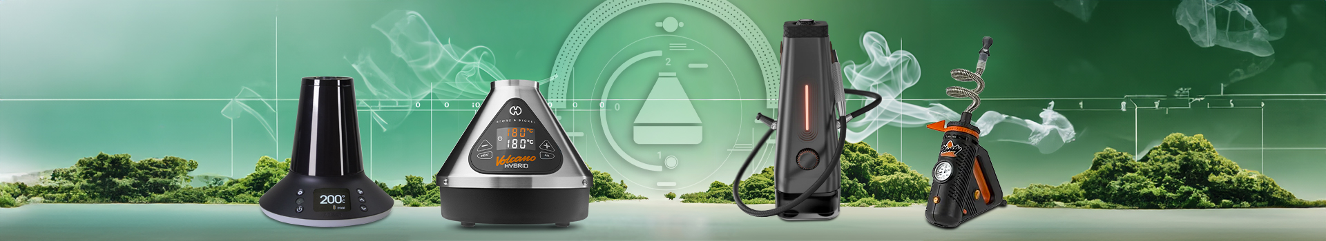 High-performance desktop vaporizers for dry herbs including Arizer XQ2 with balloon and whip system, Volcano Hybrid with dual inhalation modes, AirVape Enso Shisha hookah-style vaporizer, and Storz & Bickel Plenty handheld desktop vaporizer, featuring convection heating and precise temperature control