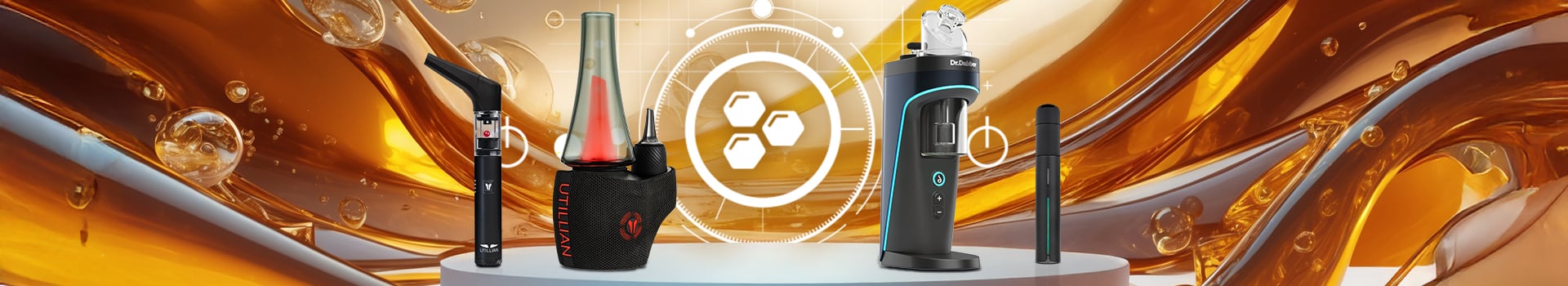 Premium concentrate vaporizers for wax and oils including Utillian 6 dab pen, Utillian 8 electric dab rig, Dr. Dabber Switch 2 E-Rig, and Puffco Pivot dab pen, displayed against golden background