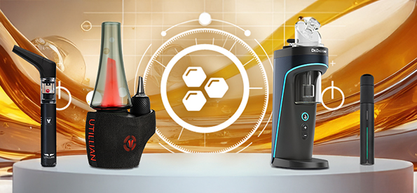 Premium concentrate vaporizers for wax and oils including Utillian 6 dab pen, Utillian 8 electric dab rig, Dr. Dabber Switch 2 E-Rig, and Puffco Pivot dab pen, displayed against golden background