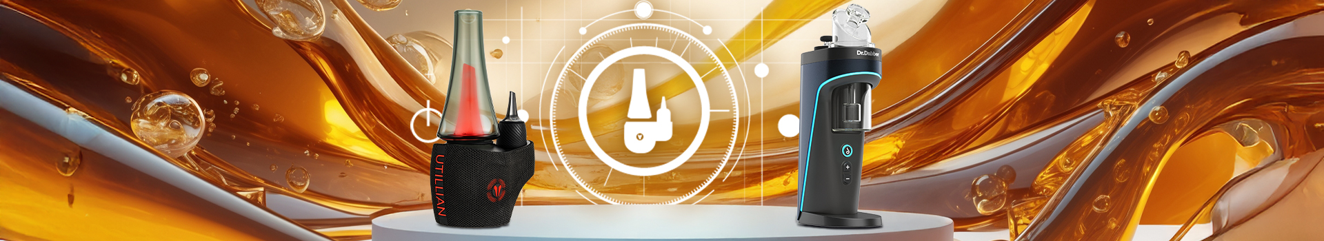 Premium electric dab rigs for concentrates including Utillian 8 E-Rig and Dr. Dabber Switch 2, displayed against golden background