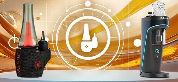 Premium electric dab rigs for concentrates including Utillian 8 E-Rig and Dr. Dabber Switch 2, displayed against golden background