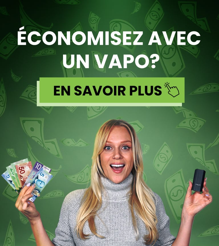 Meuf qui sourit avec un vape et des économies - Vaporisateurs d’herbes pas chers.